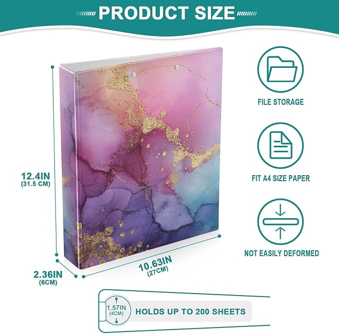 Purple Pink Blue and Gold Marble Binder 3 Ring 1.5 Inch Binder with Clipboard&Pockets, Hardcover Binders Heavy Duty Large File Folder for Office School Supplies - Holds 200 Sheets, 2 PC