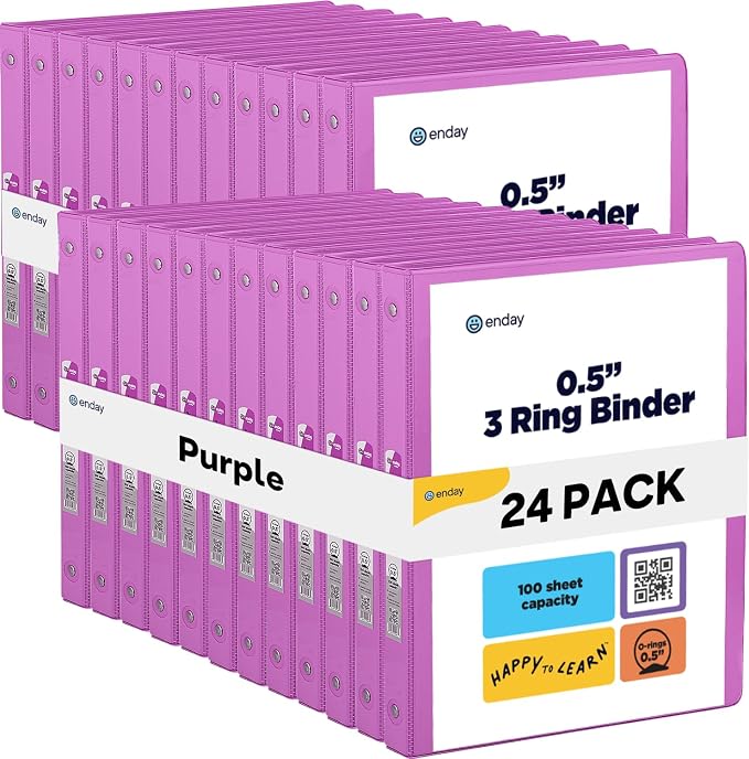 Enday 1/2 inch Binder 3 Ring Binder (24 Pack - Purple) O-Ring Binder with Clear View Cover and 2 Inside Pocket - for Letter Size 8.5 x 11'' Paper, Ideal for School Supplies, Office, and Home
