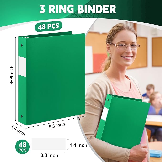 Henoyso 48 Pack 1 Inch 3 Ring Plastic Binders, Bulk Flexible PP Binders for Classroom & School Supplies, Letter Size 8.5 x 11, Holds 240 Sheets with Interior Pocket (Green)