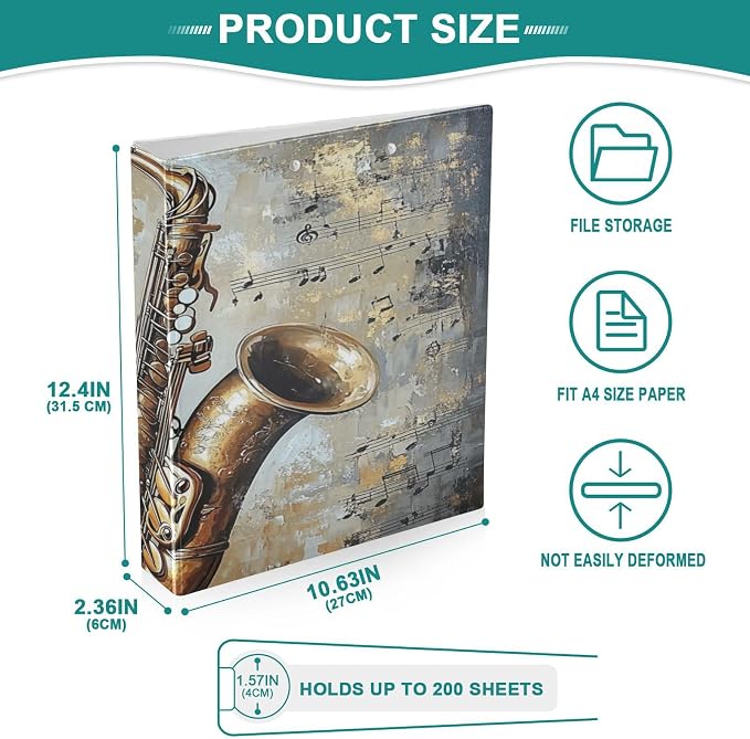 Vintage Saxophone 3 Round Ring Binders Musical Notes | 1.5 Inch Binder with Clipboard, PVC Pockets, Work Organizer, Holds 200 Sheets for School Office 1 Pack