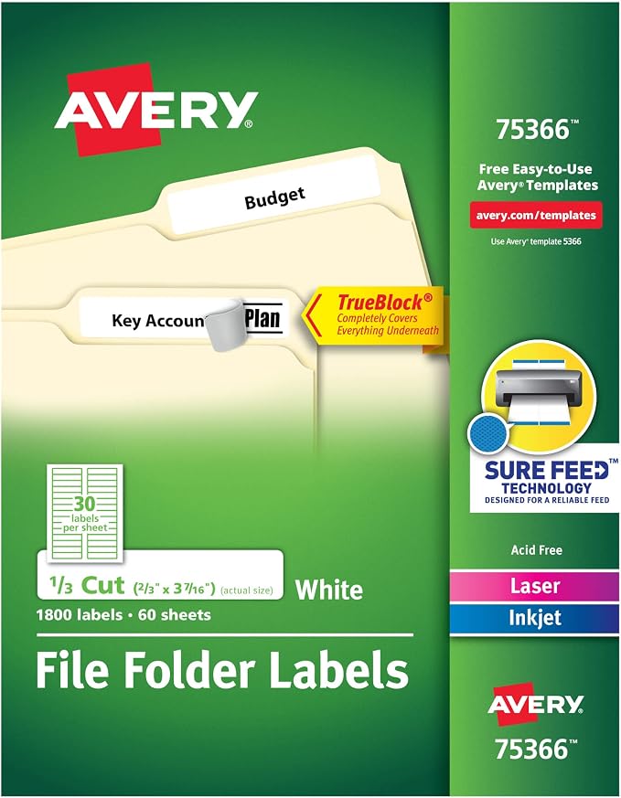 Avery TrueBlock File Folder Labels, 2/3" x 3-7/16", 1,800 Printable Labels, White, Permanent (75366)