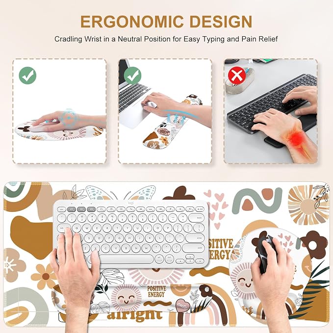 iCasso Sticker Keyboard Mat 35.4"x15.7", Desktop Mat for Workspace | Vintage Students Ergonomic Desk Pad with Keyboard Wrist Rest, Mousepad Set for Computer Study Office Workspace Area