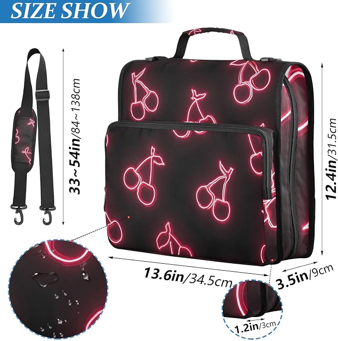 3 D-Ring Zipper Binder Bag, Pink Neon Cherry Pattern Black Removable Binder with Zipper Case Hold 300+ Sheets& 13 Inch Laptop for School Office Supplies Organizer