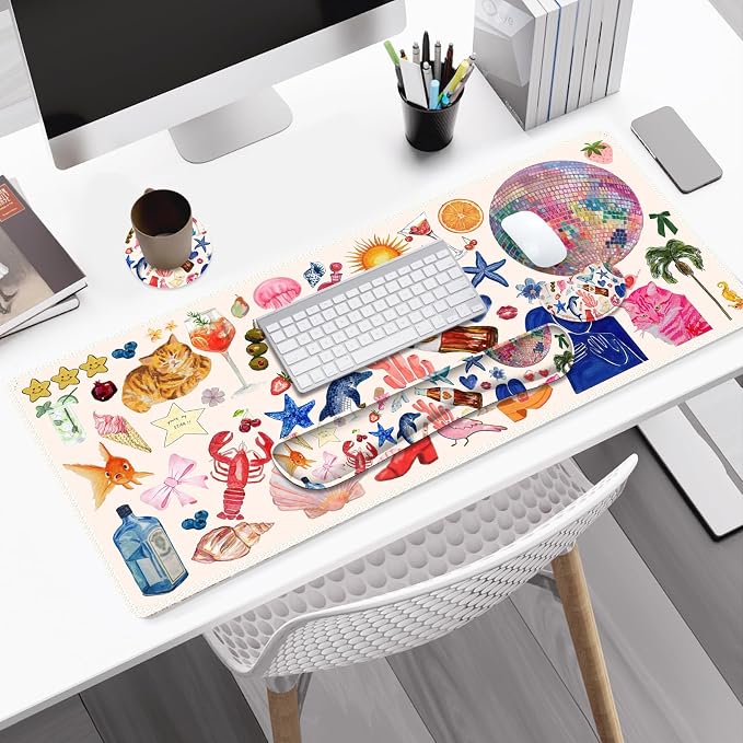 Large Gaming Mouse Pad Set, 4 in 1 Ergonomics Keyboard Desk Mat with Memory Foam Wrist Rest, Computer Extended Game Mousepad, Non-Slip Desk Matt Easy Typing Pain Relief I Colorful Stickers