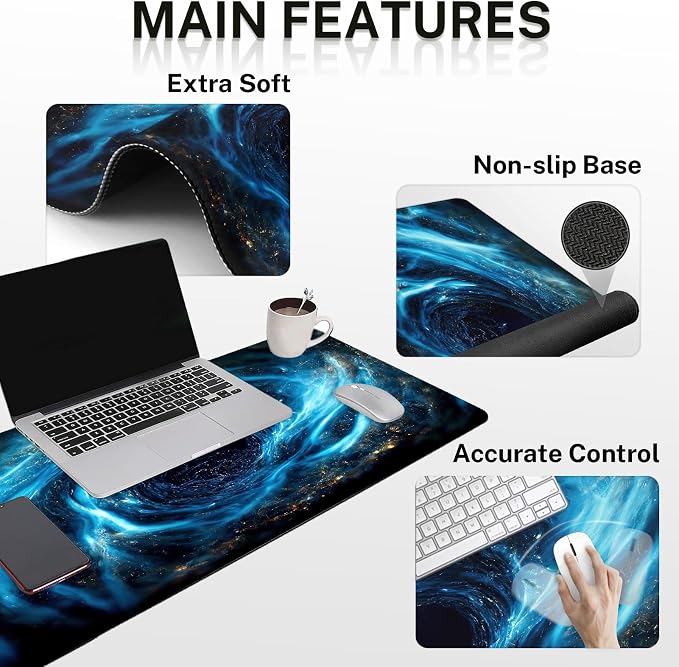 Keyboard Mouse Pad Set, 4 in 1 Desk Mat Set, Blue Black Galaxy | Large Mousepad+Keyboard Wrist Rest+Mouse Wrist Rest+Coaster Ergonomic Design for Home Office Computer