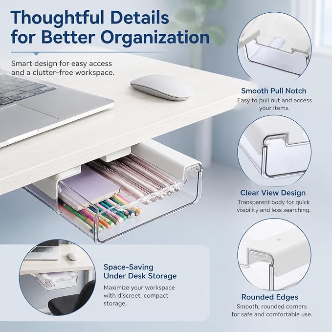 RHBLME 5 Pack Under Desk Drawer, Under Shelf Drawers Slide Out Self-Adhesive Standing Desk Drawer Attachment, Plastic Workspace Organizers for Office Home School