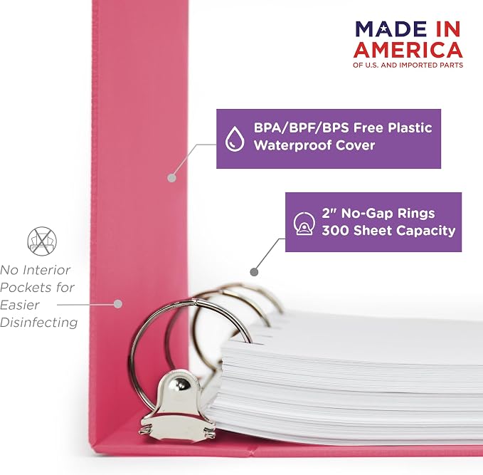 Carstens 2-Inch Heavy Duty 3-Ring Binder - Side Opening, Bubble Gum Pink, Durable Plastic, No-Gap Rings, Waterproof Cover No Pockets, Holds 300 Letter Sheets, BPA-Free Made in USA (2840-3R) Case of 16