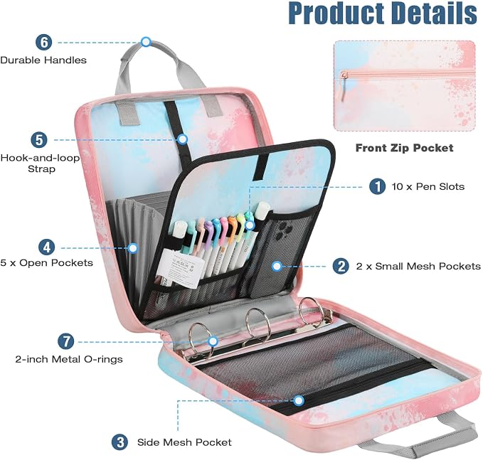 MoKo Zipper Binder, 2 inch 3 Ring Binder with 500 Sheet Capacity Multi-Pocket School Bag with Padded Shoulder Strap Handle, School Supplies Organizer for Middle Student, Orange Pink | Water-repellent 900D Oxford fabric with 5 file folders, 3 mesh pocke...