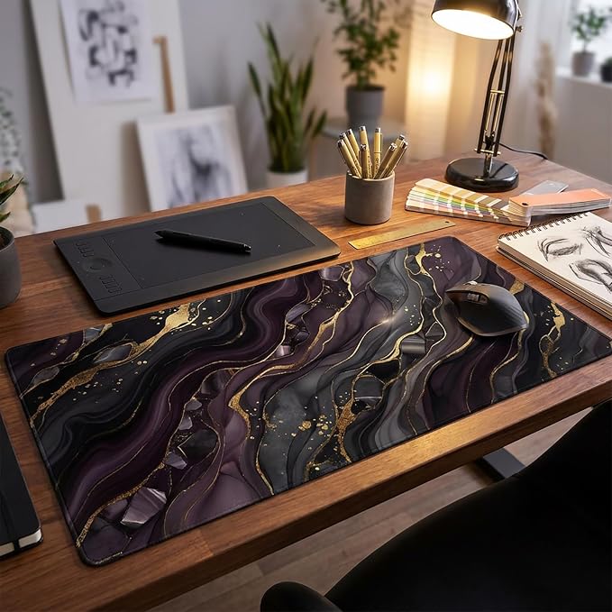 Large Mouse Pad 31.5x15.7 Inch Purple Marble Gold Foil Desk Mat XL | Aesthetic Purple Marble Design with Gold Foil,XL Keyboard Mouse Pad with Non-Slip Rubber Base for Home Office & Computer