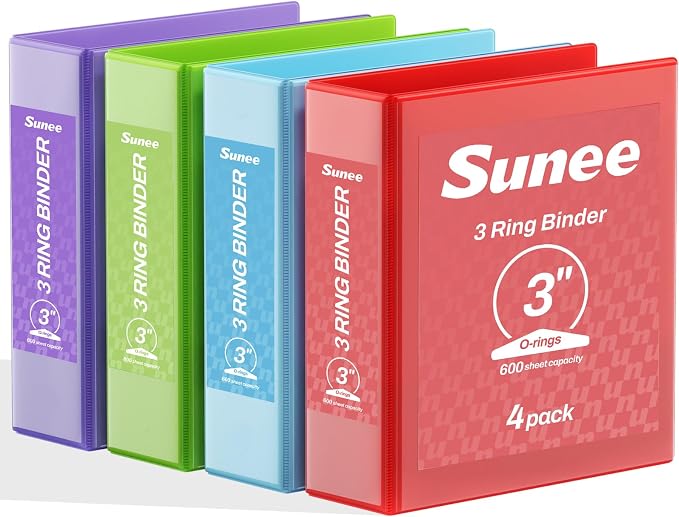 SUNEE 3 Inch Binders 3 Ring 4 Pack, 3" Large Classic 4-Color Binder Set (8.5x11 Inches) for Office, School or Home Supplies