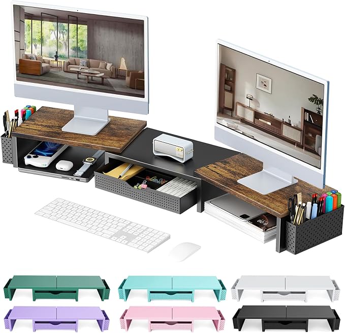 gianotter Dual Monitor Stand Riser With Drawer and 2 Pen Holders | Wood Computer Monitor Stand Desk Organizer and Accessories Desk Shelf for Top of Desk (Wood)