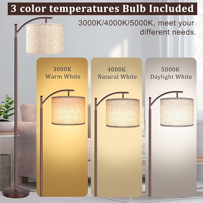 Floor Lamp for Living Room, LED Standing Lamp Tall Industrial Floor Lamp Reading for Bedroom, Office (9W LED Bulb, Beige Lampshade Included) -Oil-Rubbed Bronze