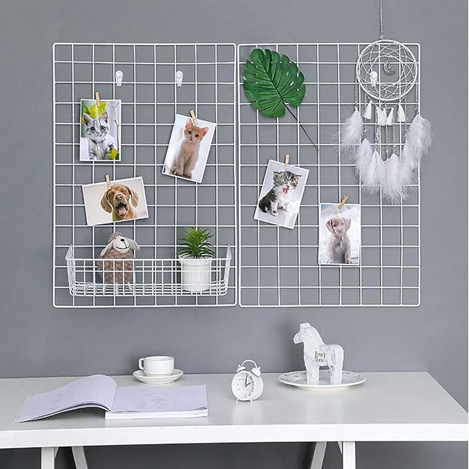 2 Pack Large Wall Grid Panels with Light and Clips, Photo Display Board, Picture Frame Collage Board, Wire Grid Wall Panel Room Decoration,White