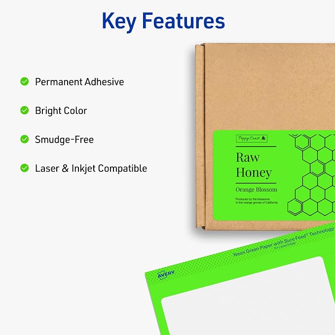 Avery Printable Shipping Labels with Sure Feed, 2" x 4", Neon Green, Laser & Inkjet Compatible, 1,000 Blank Labels Total, Great for Branding, Mailing, Organizing, and More (5976)