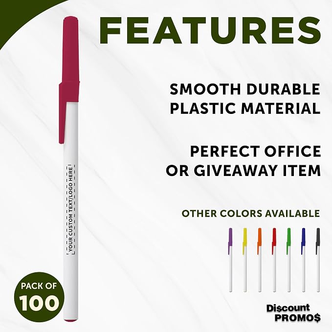 DISCOUNT PROMOS Custom Value Stick Pens Set of 100, Personalized Bulk Pack - Blue Ink, Great for Office, School, Business, Tradeshows, Events - Burgundy Cap