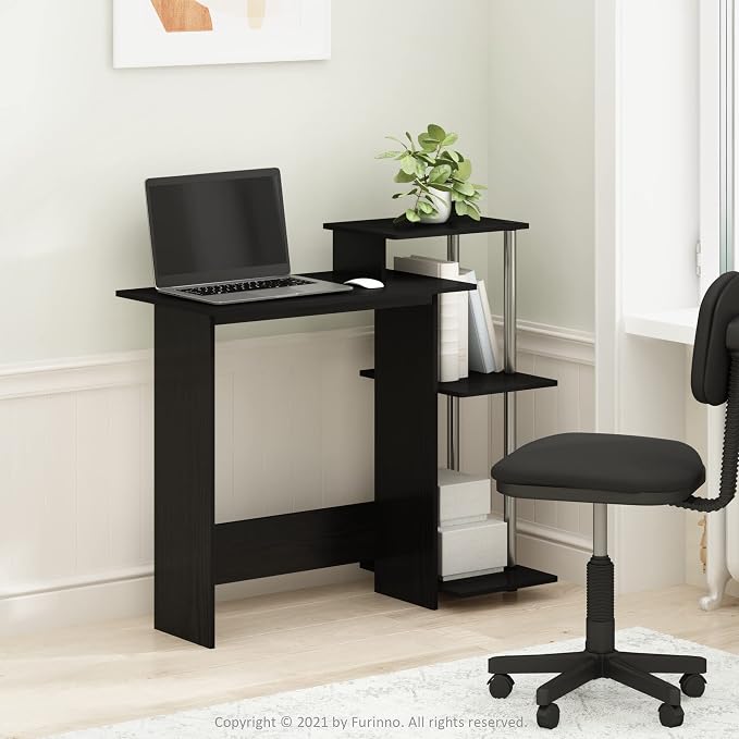 Furinno EFFICIENT Desk, 28.6" Wide Gaming Desk with 3 Open Side Shelves, Laptop Notebook Computer Desk, Office Desk for Home Office, Study Room, Dorm, Bedroom, Americano/Stainless Steel