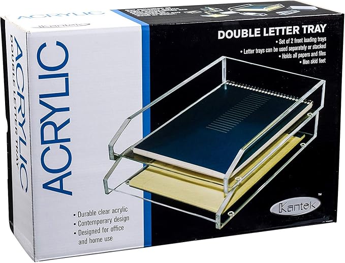 Kantek Clear Acrylic Double Large Letter Tray, 2 Tier Stackable Desk Organizer, Front Loading, 10.6" x 13.9" x 4.8", Non-Skid Feet, Office Organizer, Desk Accessory