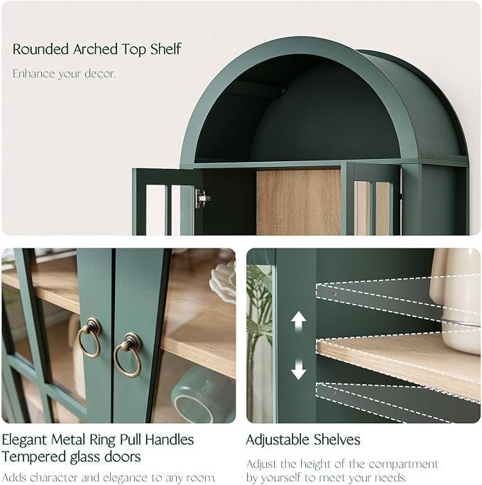 RowyPoey 71" Tall Arched Cabinet Bookshelf with Glass Door & Storage Drawer | Modern Farmhouse Display Cabinet,Adjustable Shelves,Wood Kitchen Pantry for Dining Room,Living Room,Office,Green