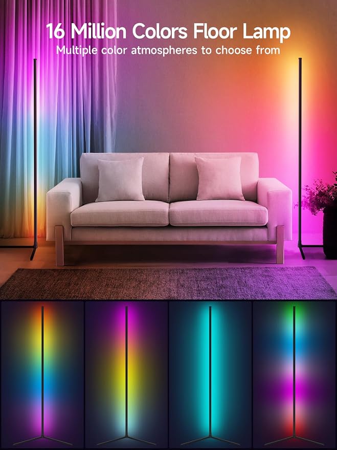 Tyute Floor Lamp, RGB LED Corner Lamp with Music Sync, Smart App and Remote Control Color Changing Ambience Light, 16 Million Colors Standing Lamp for Bedroom Living Room Gaming Room (2pcs)