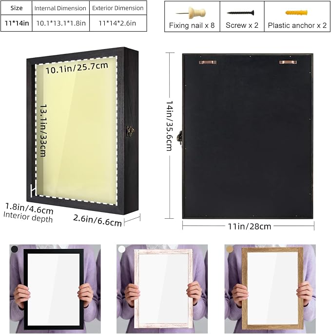 TJ.MOREE Shadow Box 11x14 Memory Display Case Wooden Picture Frame Black | Fits 10x13 Inserts with Linen Back, Rustic Keepsake Box with Glass for Pet Memorabilia Gifts, Wedding Bouquet Military Medals