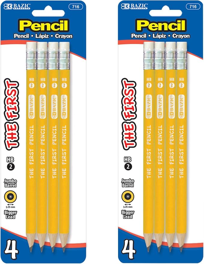 BAZIC PRODUCTS The First Jumbo #2 Yellow Pencils, Eraser, 4 Count, 2-Pack