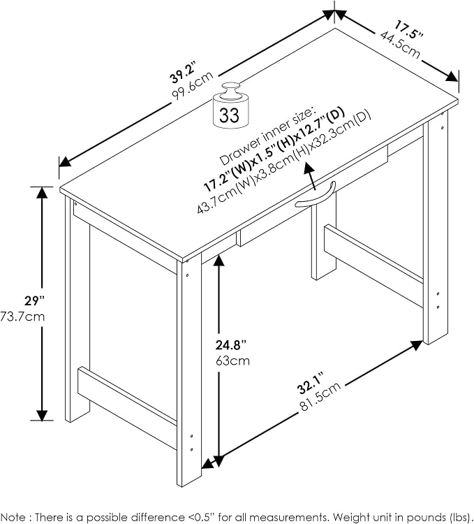 Furinno Jaya Desk, 39.2 Wide Computer Desk with Drawer, Darkwood | Office Desk, Writing Desk, for Home Office, Bedroom, Living Room