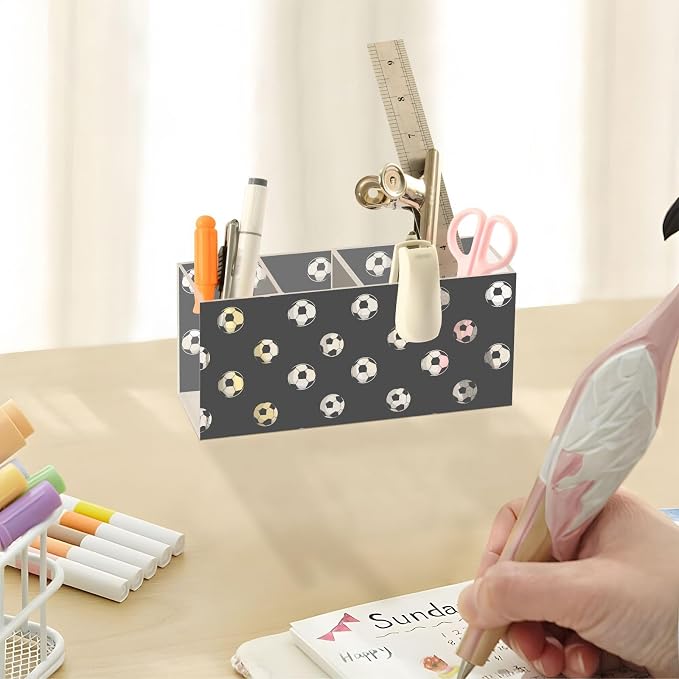 Football Print Black White 4 Compartment Acrylic Pencil Holder, Printed Pencil Holder Makeup Brush Holder Acrylic Desktop Accessories for Pencil Cutlery Toiletries Storage