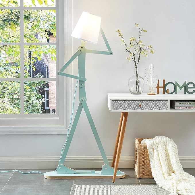 Cool Tall Reading Wood Floor Lamp, LED Buld Included, Aqua Green | Unique Corner Decorative Standing Light, Swing Body, Living Room, Bedroom, Kids Room, Dorm, Office