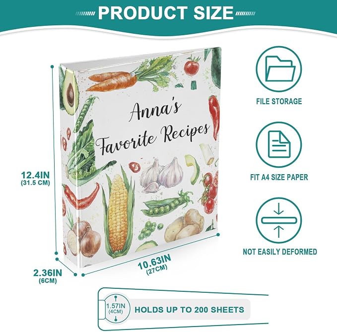 Personalized Recipe Binder 8.5x11 3 Ring Custome Name Binder Customized Cook Book Binders with Clipboard&Pockets Large Recipe Organizer for Kitchen, Recipes, Family-Watercolor Vegetable Spices