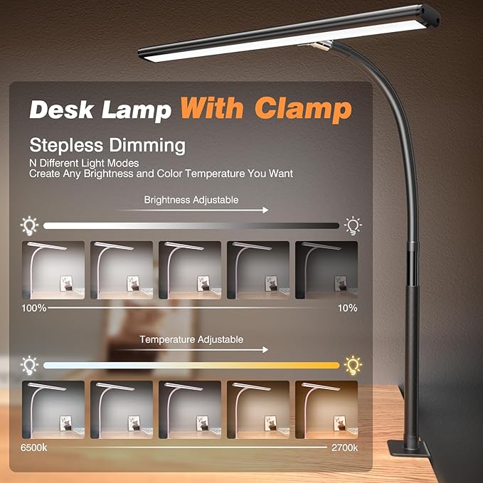 Airlonv LED Desk Lamp with Clamp, 17" Stepless Dimming Light, Black | 2700K-6500K, 100 LEDs, 360° Gooseneck, Fits Up to 30" Monitors, Flicker-Free Lighting for Home Office, Study& Workbench