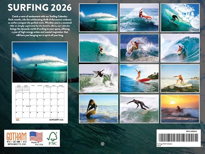 Surfing Calendar 2026 Surf Monthly Wall Calender 12 Month | American Made In The USA