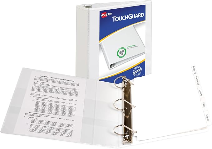 Avery TouchGuard 3 Ring Binder, 3" Slant Rings, 1 White Binder | For Daily School, Home and Office Use, Surface Protection, Cleanable With Household Cleaners, Smudge-Resistant Pockets