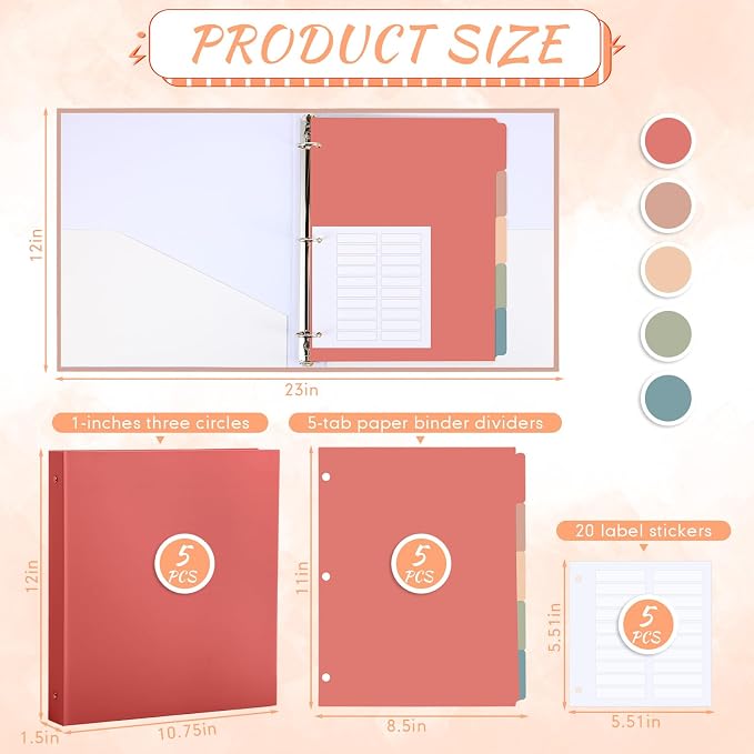Ctosree 5 Sets 1 Inch Heavy Duty 3 Ring Binder with 2 Pockets with 5 Tab Dividers 8.5 x 11 Inch Plastic Film and File Folder Labels for Letter Size Paper Office Home Supplies(Retro Color)