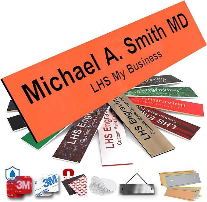 Engraved Door Signs for Office Personalized Orange Plastic Door Plaque Black Letters - Made in USA 2x12 B11