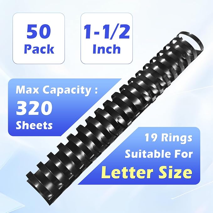 TOTiyea 50 Pack 1-1/2" 19 Ring Plastic Binding Combs,320-Sheet Letter Size | Binding combs,Black,8.5"x11",For educators custom teaching References,classroom organization,work supplies