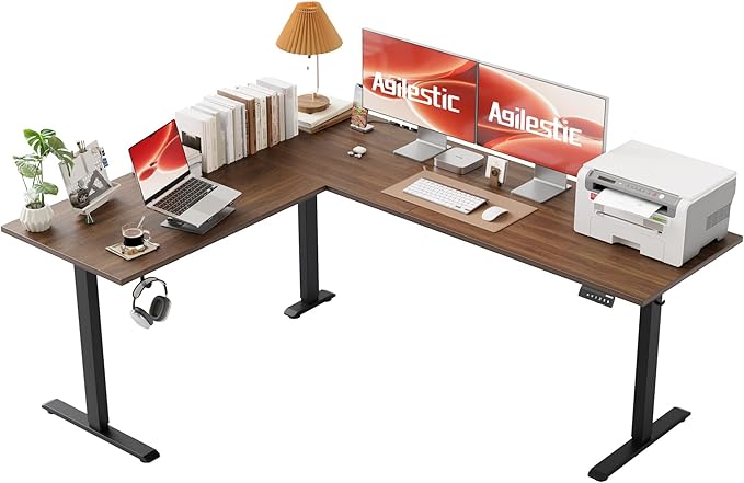 Agilestic 76 x 61 Inch L Shaped Electric Standing Desk, Dark Walnut | Corner Desk, Ample Workspace, Memory Presets, Hooks, Stable Steel Frame,176 lbs Capacity, Easy Assembly, Splice Board