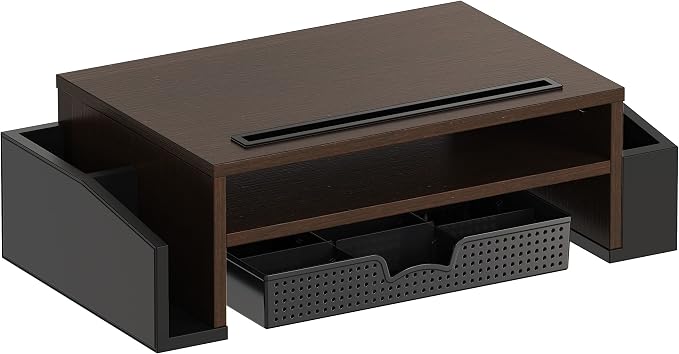 Simple Houseware Desk Monitor Stand Riser w/ Adjustable Tray, Espresso | Built-In Tablet Slot and Side Storage