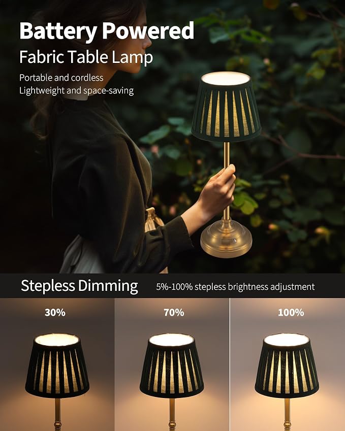 KDG Gold Cordless LED Table Lamps Set of 2, Green Fabric Shade Desk Lamps | Portable 4000mAh Rechargeable Battery Powered, Dimmable Lighting for Dining Room, Bedroom, Bedside, Night Light, Balcony