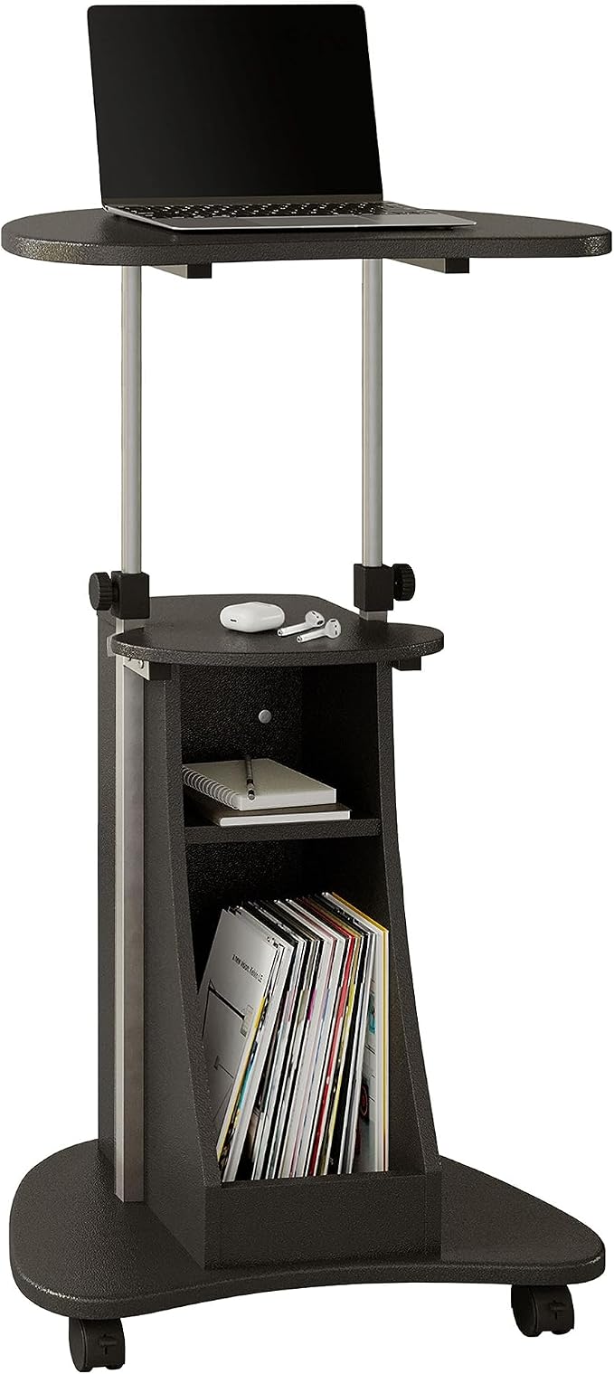 Techni Mobili Adjustable Height Rolling Laptop Cart with Storage, Graphite | Adjustable height rolling laptop cart with storage drawer, open shelf, wheels, sit‑stand design for office or medical use