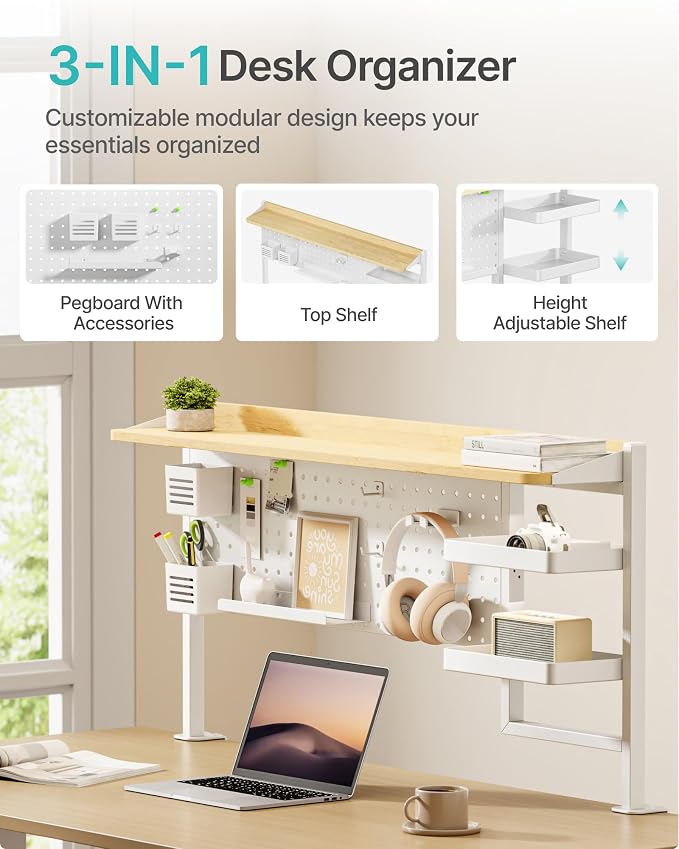 Clamp on Desk Shelf, 44" Desktop Shelving System, White | with Pegboard and Accessories, Desktop Organizer with 2-Tier Shelf, Desk Pegboard for Gaming Office