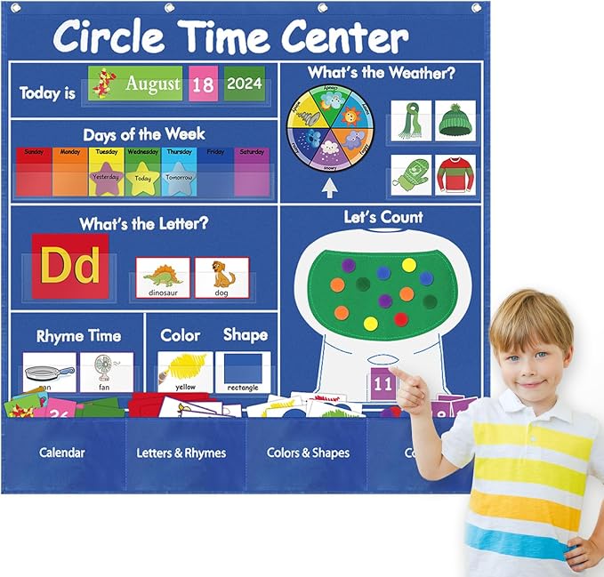 Boczif Circle Time Learning Center Pocket Chart, Classroom Calendar (Blue)