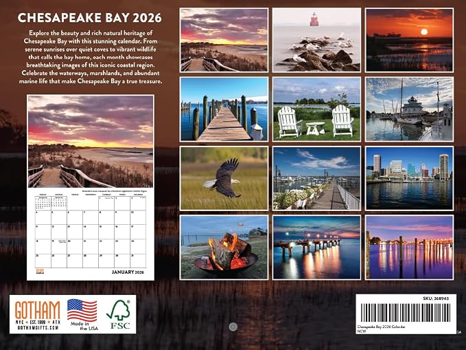 Chesapeake Bay Calendar 2026 Wall 12 Month Monthly Scenic Souvenirs Themed Gifts | American Made In The USA