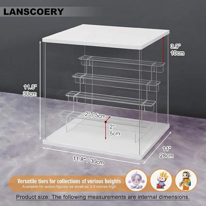 LANSCOERY Acrylic Display Case for Collectibles, 5-Tier LED Light, White | 3mm clear acrylic panels with front door access and tri-color top light for small figures on a desk or shelf.