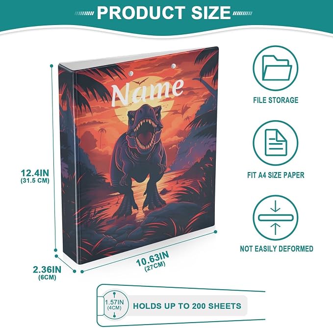 Custom 3 Ring Binder Dinosaur 1.5" Round Ring Binders Personalized Name View Binder with 200 Sheet for Women Men Office Kids School Supplies, 1 Pack