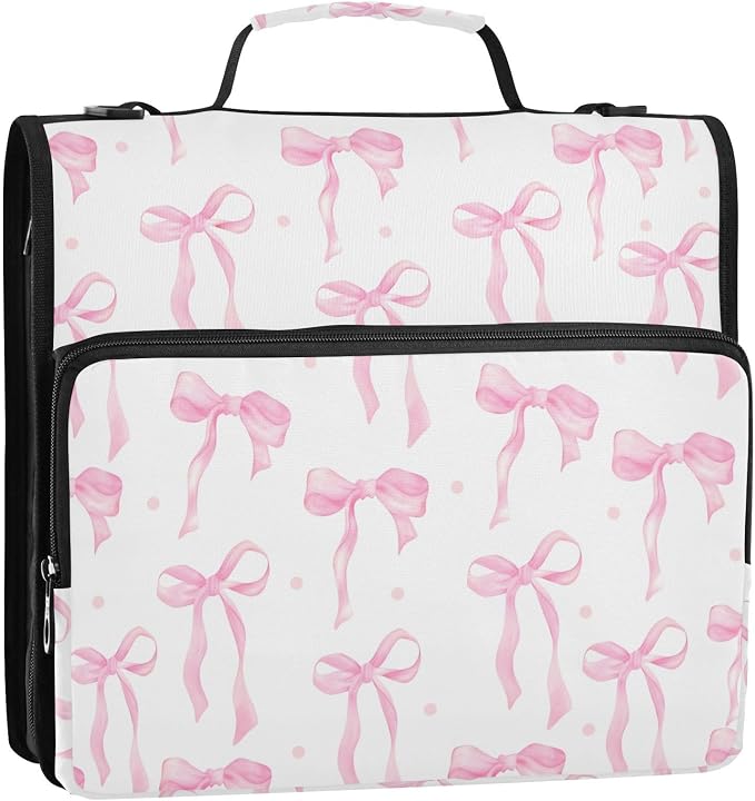 3 D-Ring Zipper Binder Bag, Pink Ribbons Bows Pattern Removable Binder with Zipper Case Hold 300+ Sheets& 13 Inch Laptop for School Office Supplies Organizer