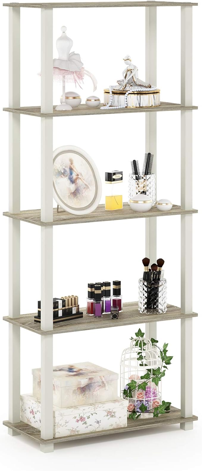 Furinno Turn-N-Tube 5-Tier Multipurpose Shelf / Display Rack / Storage Shelf / Bookshelf, Square Tubes, Sonoma Oak/White | Tool-Free Storage Shelves with Square Tubes, Shelving Unit, for Organization and Storage, for Living Room, Home Office