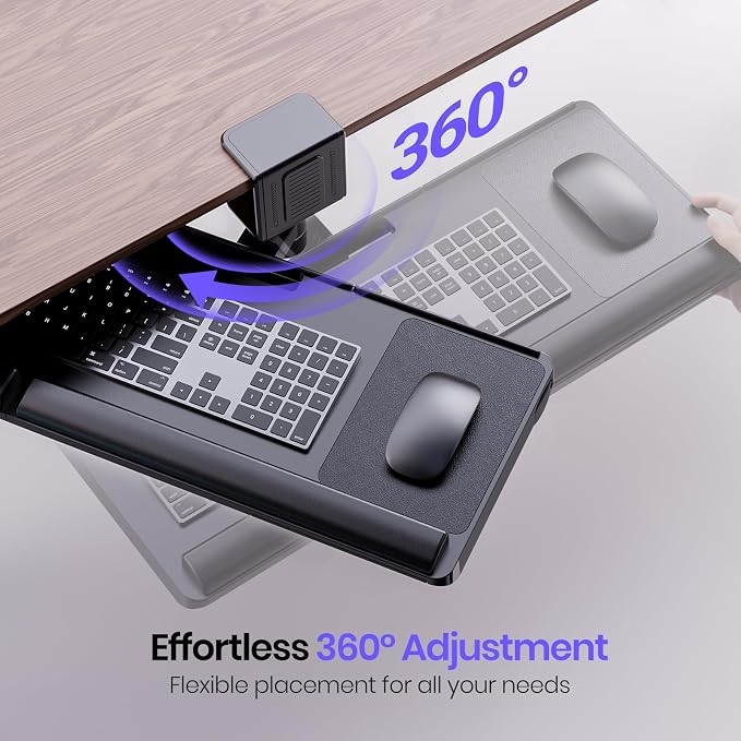 Klearlook Upgraded Adjustable Keyboard Tray for Above Desk & Under Desk Use | 24.4"×10" Platform with 360° Rotation & 180° Tilt, Wrist Rest & Storage Drawer, Phone Slot & Headphone Hanger & Mouse Pad