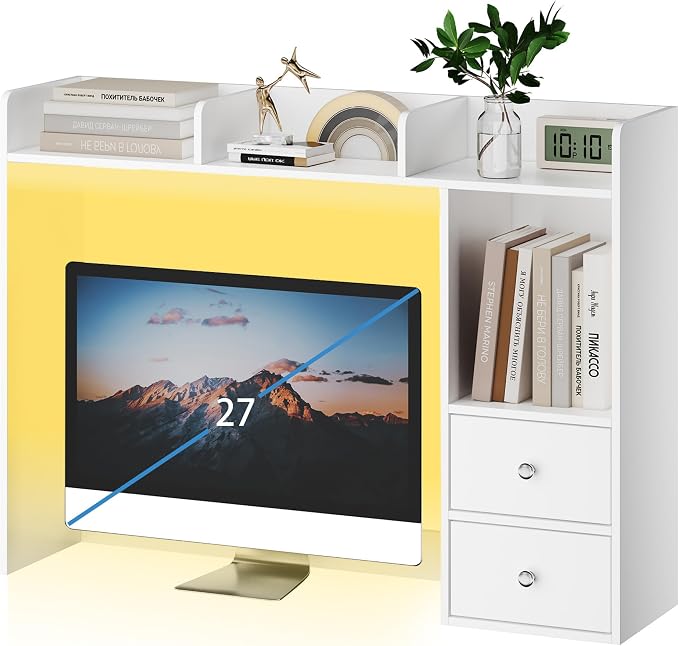 ChooChoo Desktop Bookshelf with LED Lights and 4 Shelves | 36.6", 2 Drawers, Fits 27" Monitor, Desk Organizer Shelf, Dorm Office Home, White