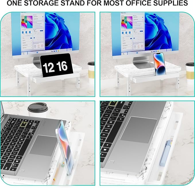 WALI Computer Monitor Stand with Storage, Monitor Riser 3 Height Adjustable | Laptop Riser with Airflow Vents, Desk Organizer for Computer, Printer, Notebook (PTT002-M), 1 Pack, Marble