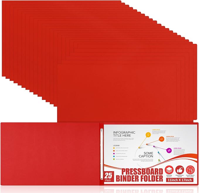Resurhang 25 Pcs 11x17 Inch Pressboard Report Cover, 3" Capacity Presentation Binder Folder with Metal Prong Paper Fastener to Neatly Bind Reports Proposals Transcripts, Other Documents (Red)